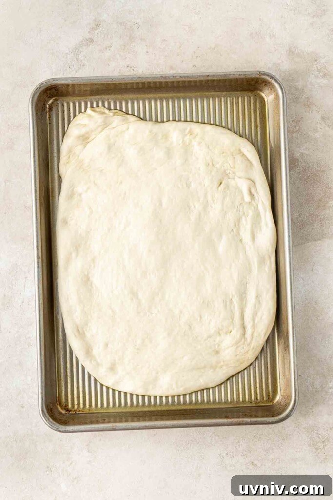 Olive & Herb Focaccia Recipe — Crispy, Flavorful Italian Bread 8 Focaccia dough in the baking pan ready for the second rise.