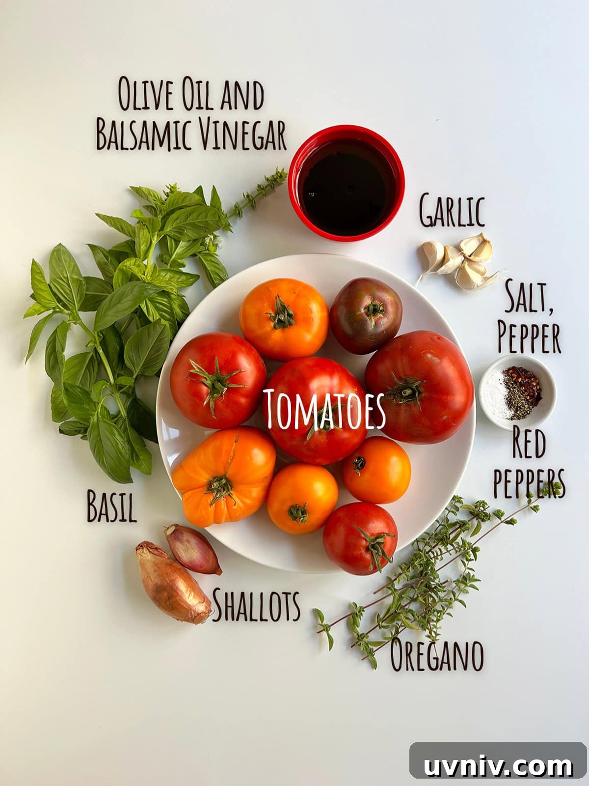 Roasted Tomato Sauce Recipe — Rich Flavor in Minutes 3 Ingredient shot for roasted tomato pasta sauce showing tomatoes, balsamic vinegar, olive oil, spices and fresh herbs.