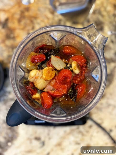 Roasted Tomato Sauce Recipe — Rich Flavor in Minutes 6 Roasted tomato ingredients in the blender ready to blend.