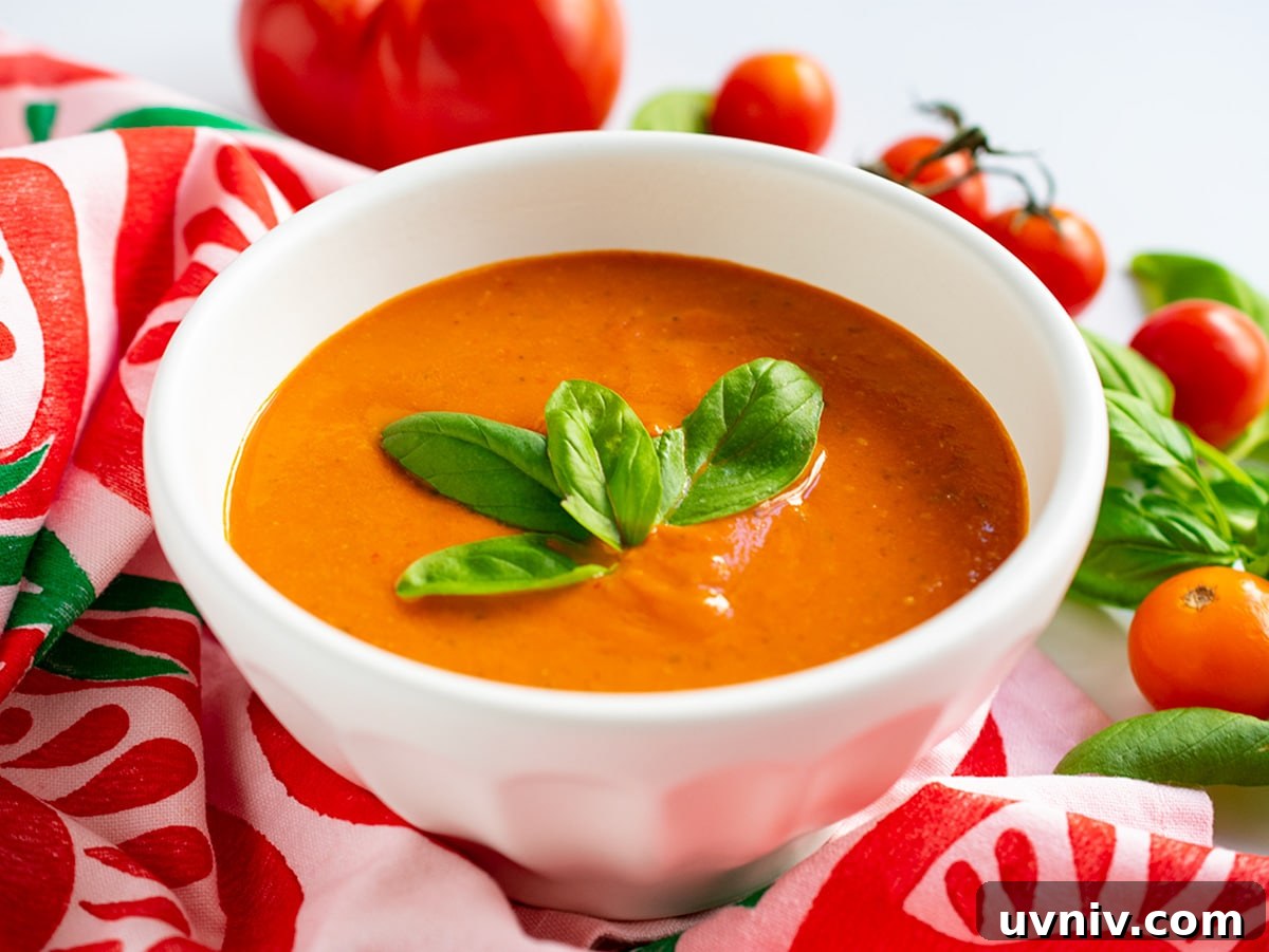 Roasted Tomato Sauce Recipe — Rich Flavor in Minutes 9 Oven roasted tomato sauce in a white bowl with basil on top sitting on a tomato-decorated linen.