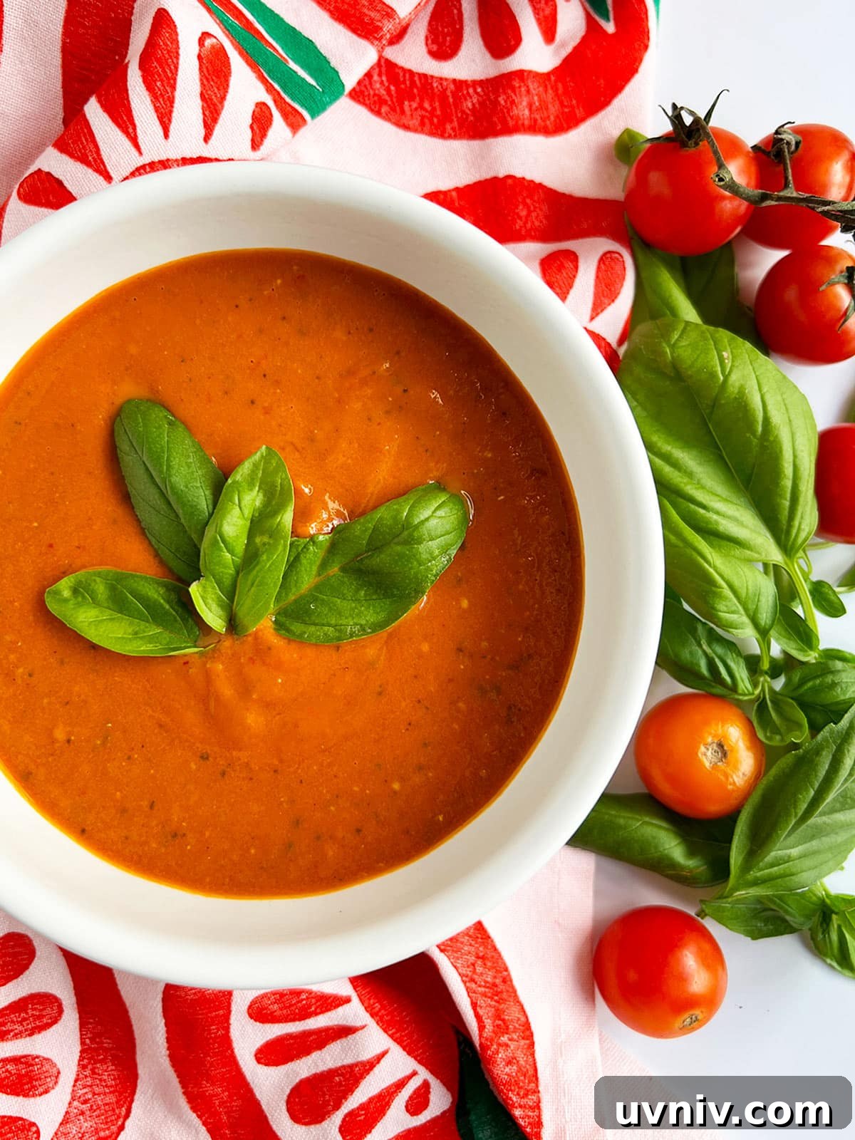 Roasted Tomato Sauce Recipe — Rich Flavor in Minutes 10 Roasted tomato sauce in a white bowl on the left side of the photo with fresh tomatoes and basil on the right hand side.