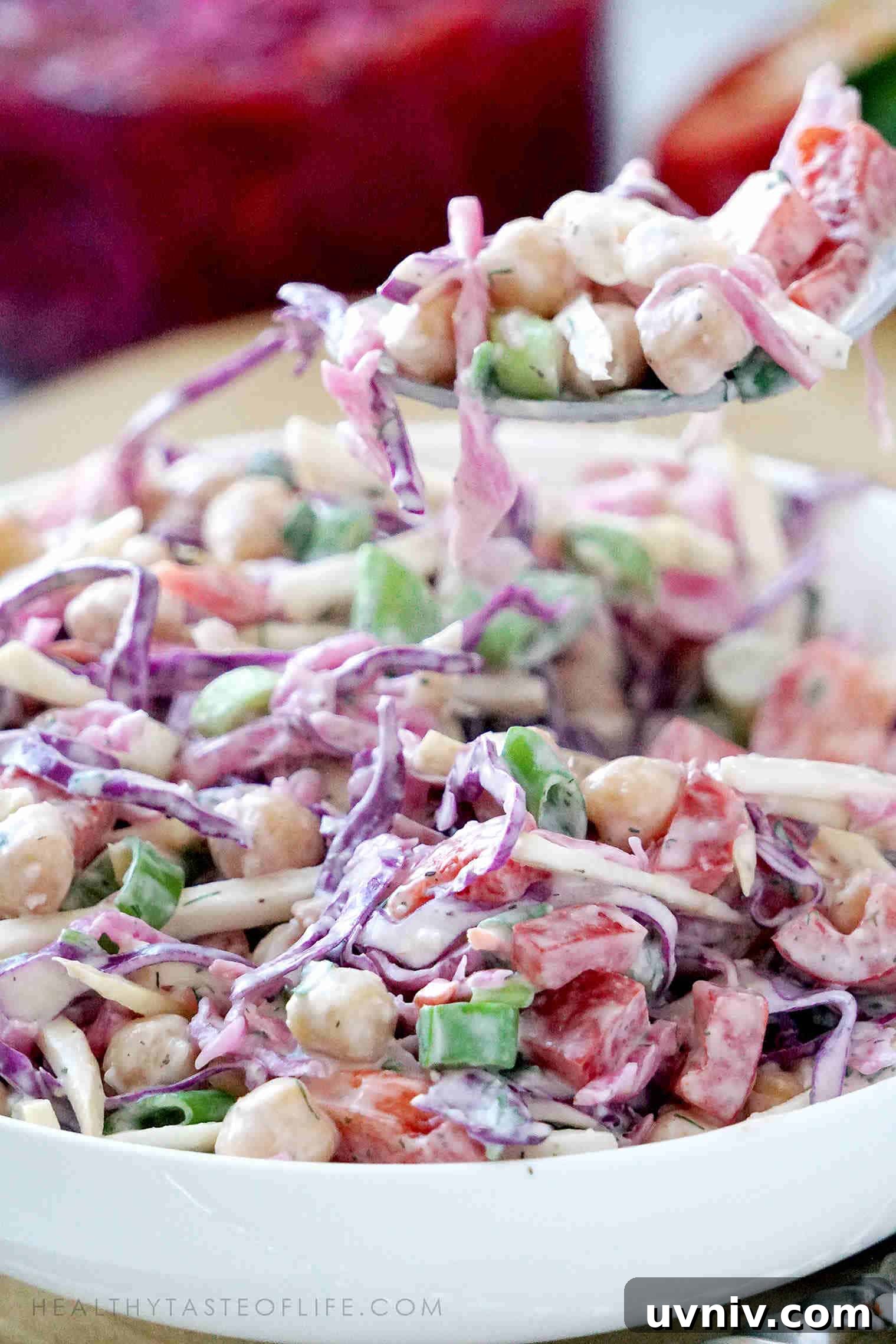 Creamy Vegan Chickpea & Cabbage Salad Recipe 4 Creamy garbanzo bean salad with cabbage, celery root, bell peppers, onion and a creamy ranch dressing - all vegan.