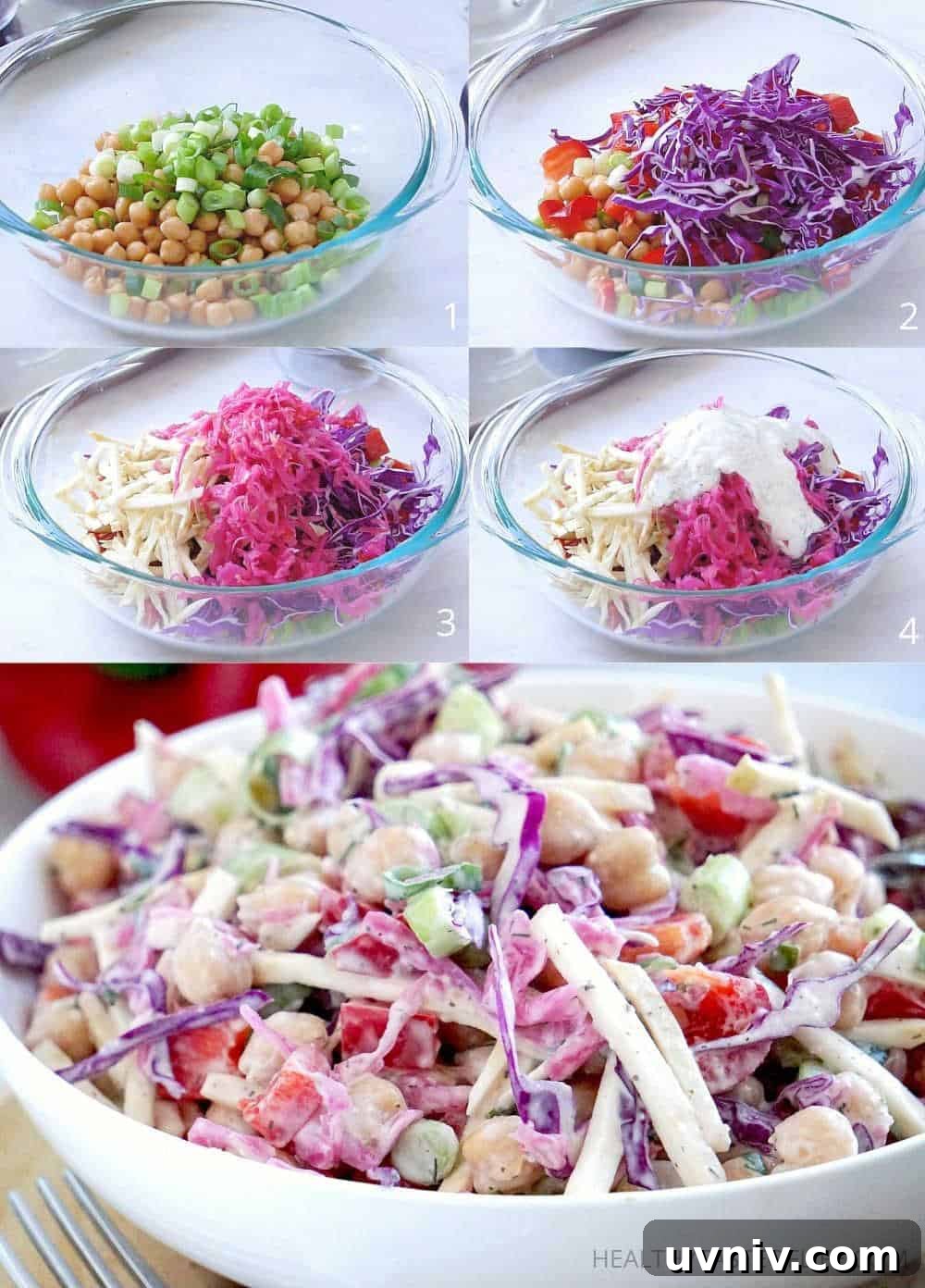 Creamy Vegan Chickpea & Cabbage Salad Recipe 5 Process shots showing how to make the creamy chickpea salad with cabbage and veggies.