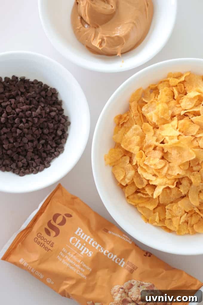 No-Bake Butterscotch Cornflake Cookies Recipe 6 bowls of corn flakes, chocolate chips, peanut butter and butterscotch chips