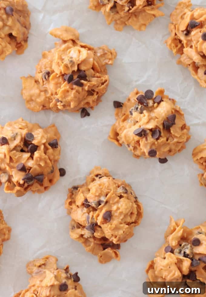 No-Bake Butterscotch Cornflake Cookies Recipe 8 corn flake cookies on parchment paper