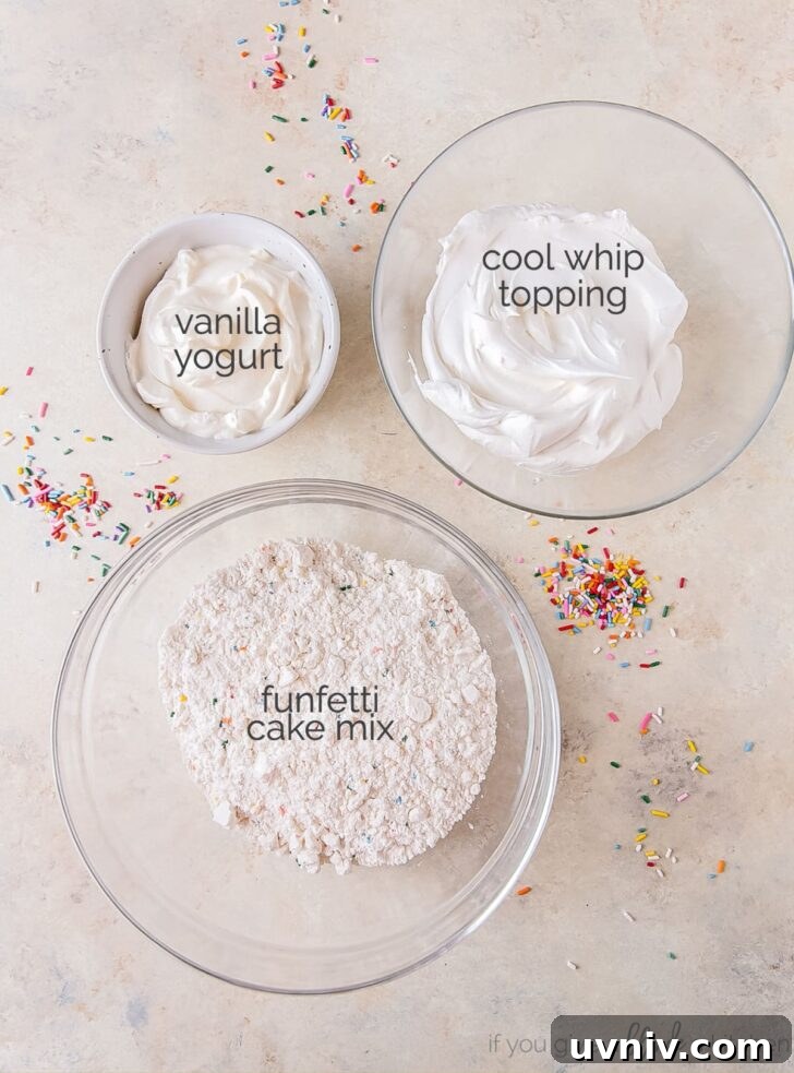 Funfetti Cake Dip Recipe — Party-Friendly Dessert Dip 4 funfetti cake dip ingredients in bowls labeled with text