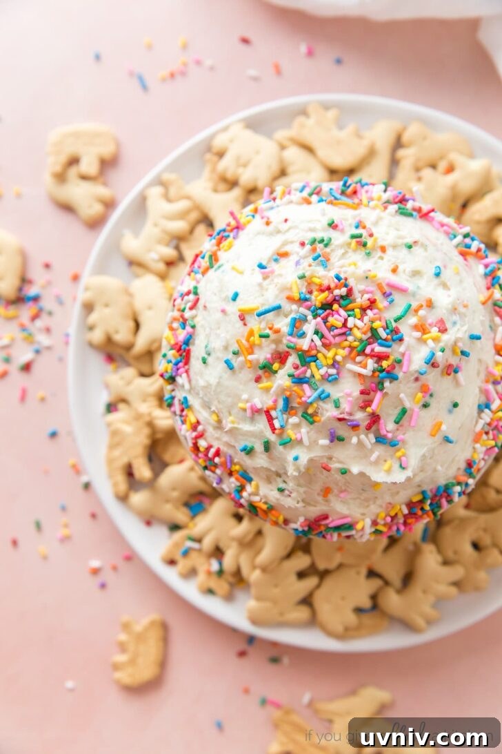 Funfetti Cake Dip Recipe — Party-Friendly Dessert Dip 5 funfetti dip with bowl of rainbow sprinkles and animal crackers
