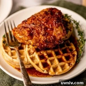 Air fryer chicken on top of waffles with syrup.