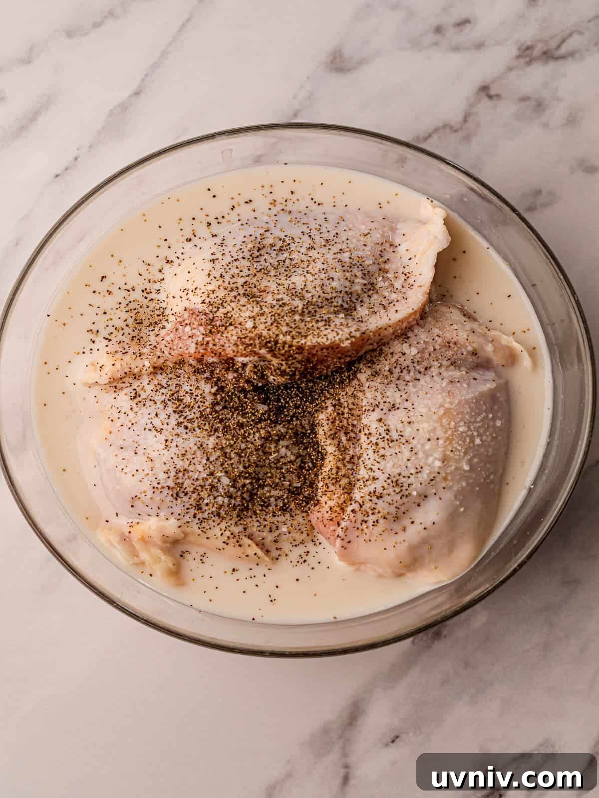 Chicken thighs in buttermilk brine.
