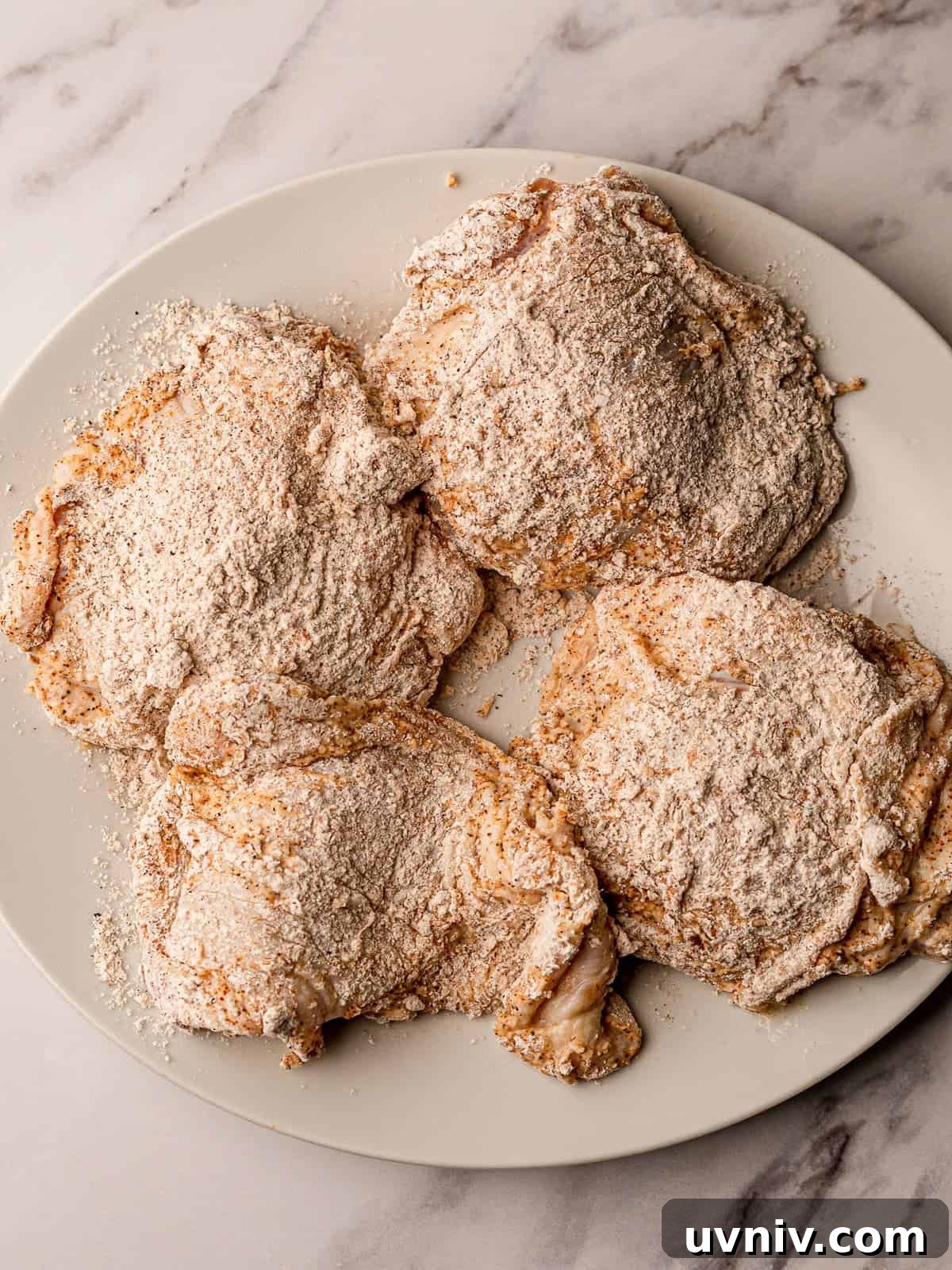 Chicken thighs coated with flour mix before cooking.