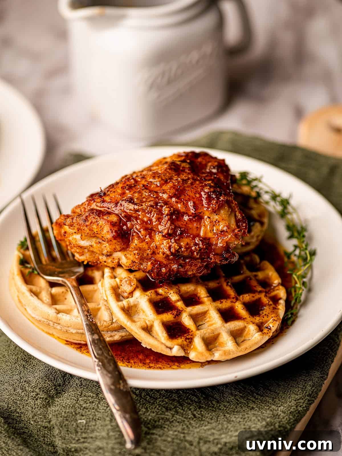 A plate of waffles with fried chicken.