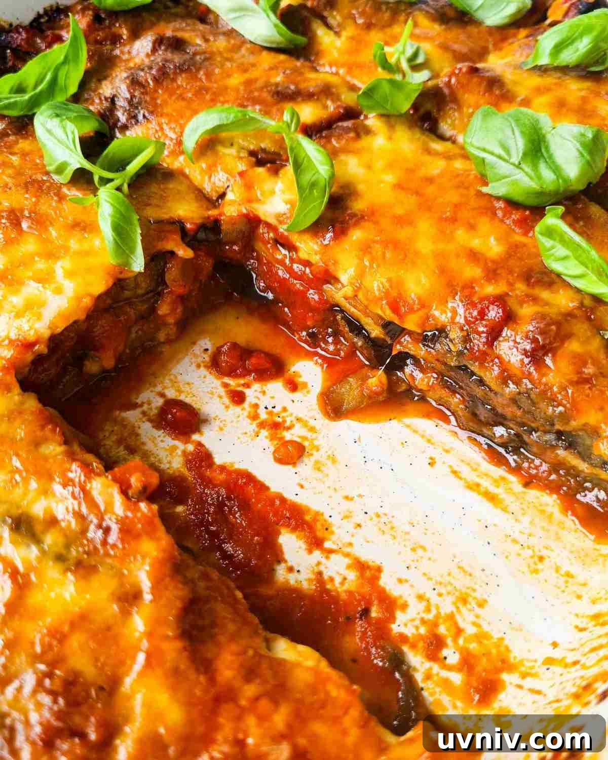 Close up of side view of sliced eggplant parmigiana