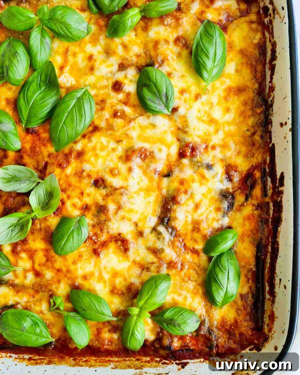 A tray of cheesy bake topped with fresh basil leaves