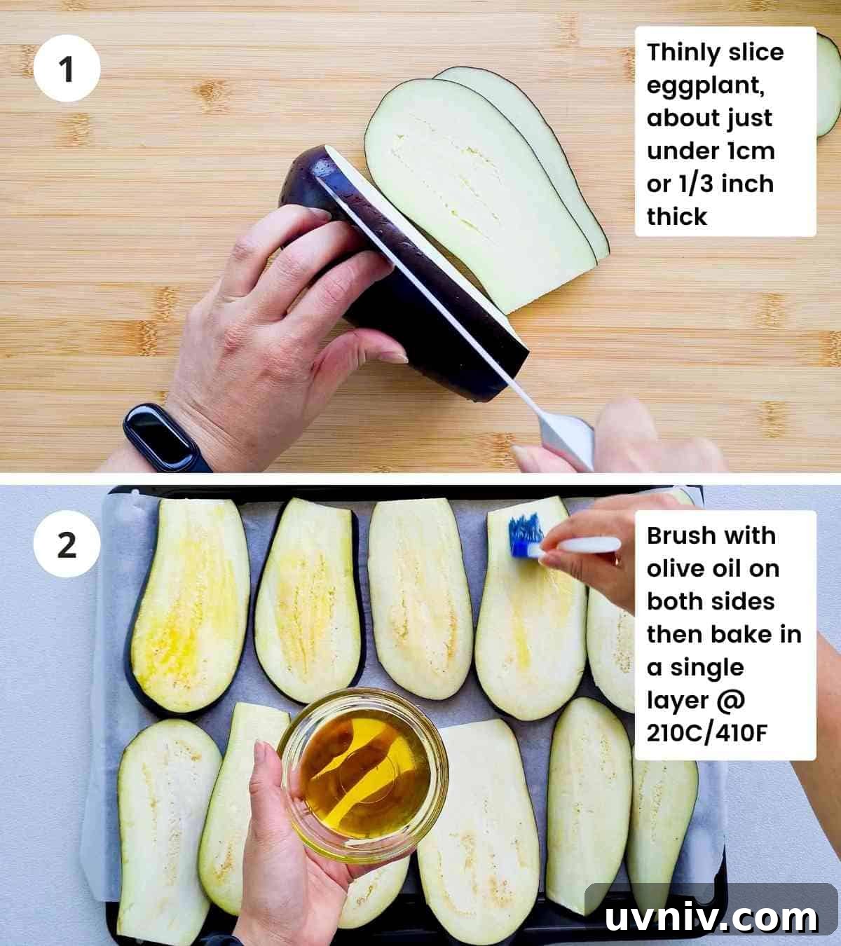 2 step collage of slicing and brushing oil on eggplants