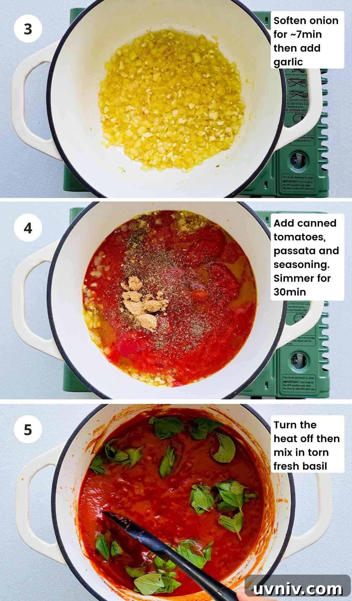 3 step collage of making the tomato sauce (sugo) 