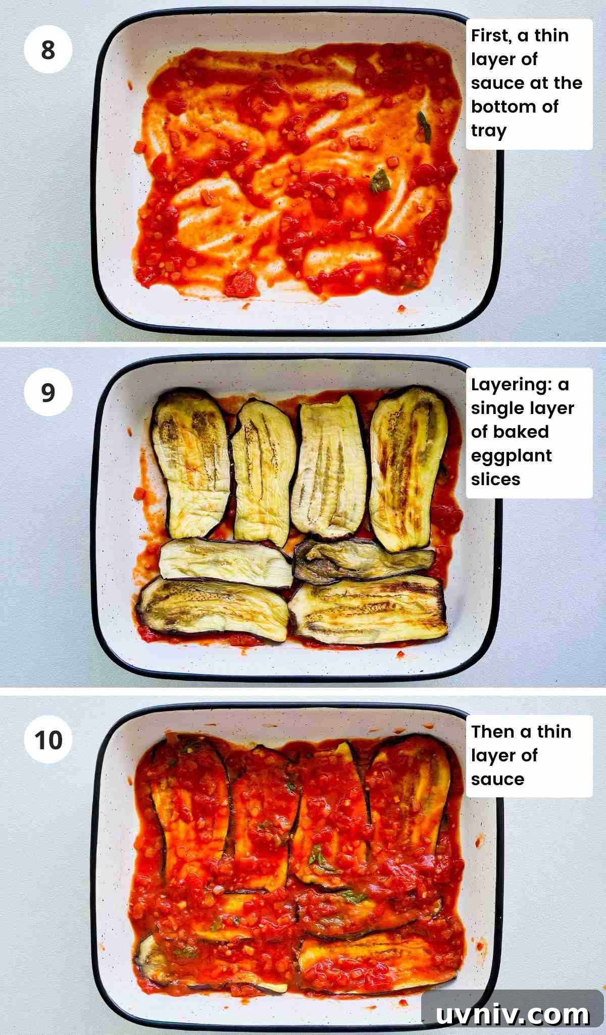 3 step collage of layering up eggplant parmigiana