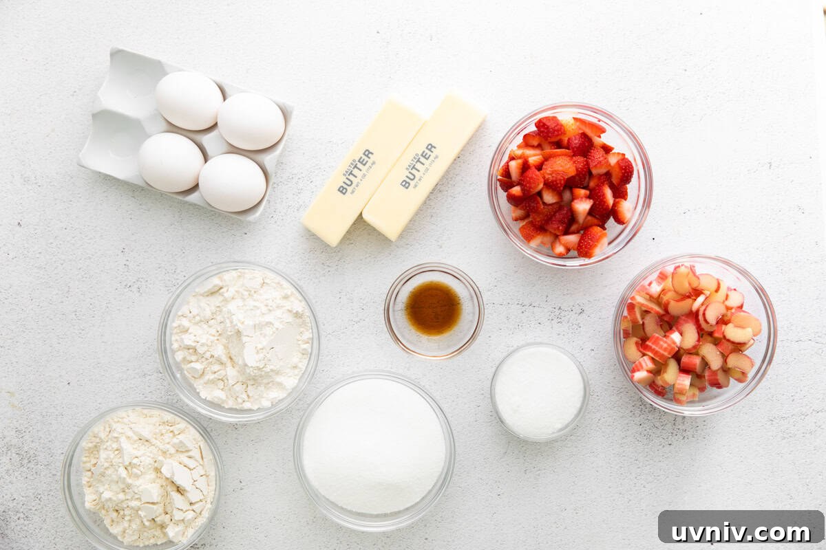 Strawberry Rhubarb Layer Cake Recipe for Summer Baking 5 ingredients for strawberry rhubarb pound cake.