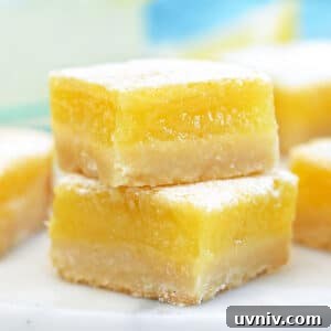 Zesty Lemon Bars: Classic Tangy Dessert Bar Recipe 11 Close up of two square lemon bars.