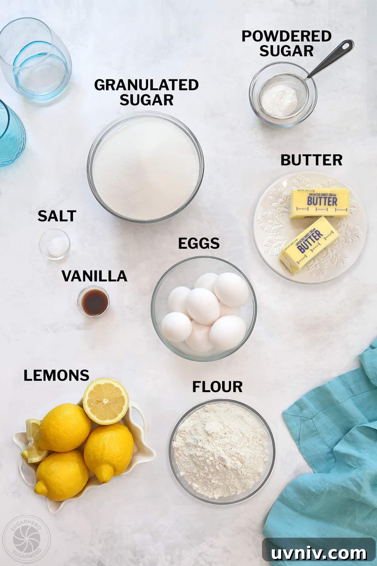 Zesty Lemon Bars: Classic Tangy Dessert Bar Recipe 3 Ingredients for lemon bars labeled with text.
