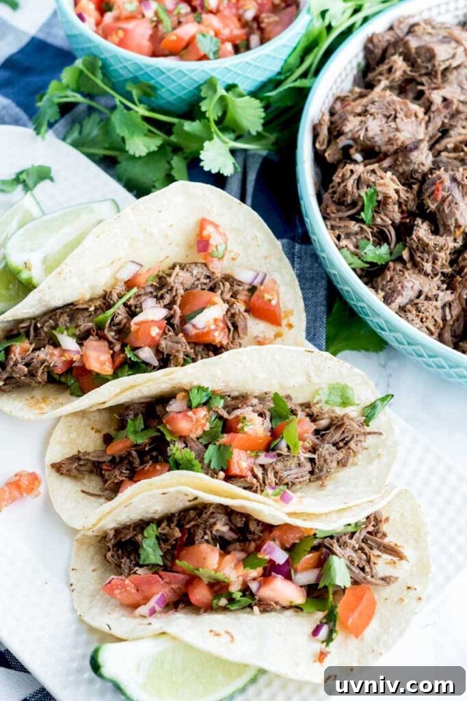 Chipotle Beef Barbacoa Recipe: Smoky Slow-Cooked Mexican Beef 12 Chipotle Barbacoa Tacos topped with tomato pico de gallo