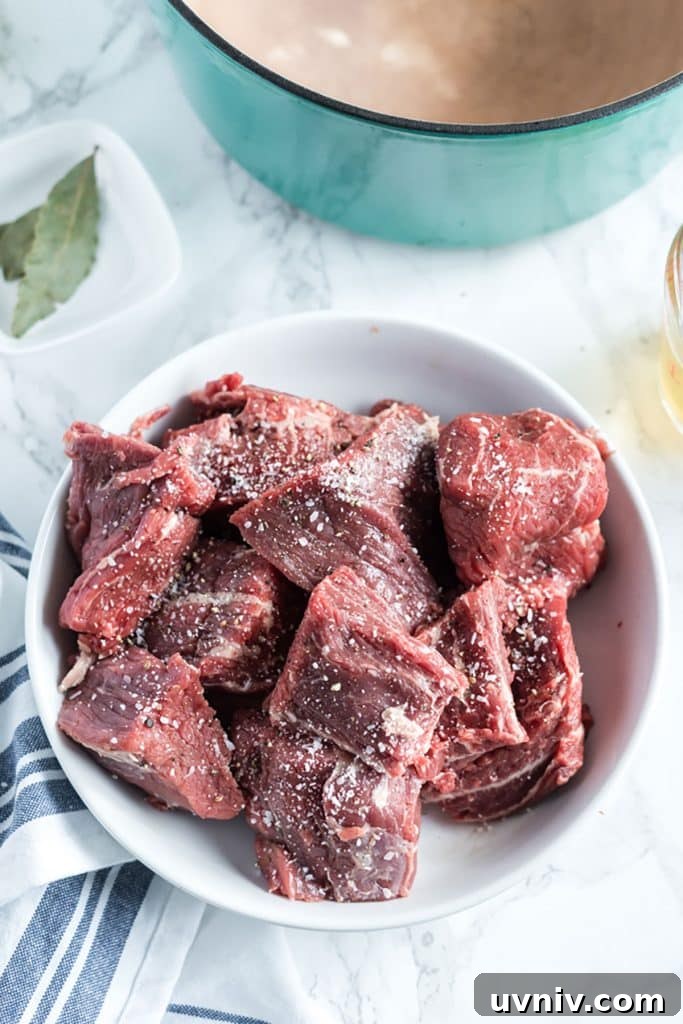 Chipotle Beef Barbacoa Recipe: Smoky Slow-Cooked Mexican Beef 6 big chunks of beef seasoned with salt and pepper in a white bowl