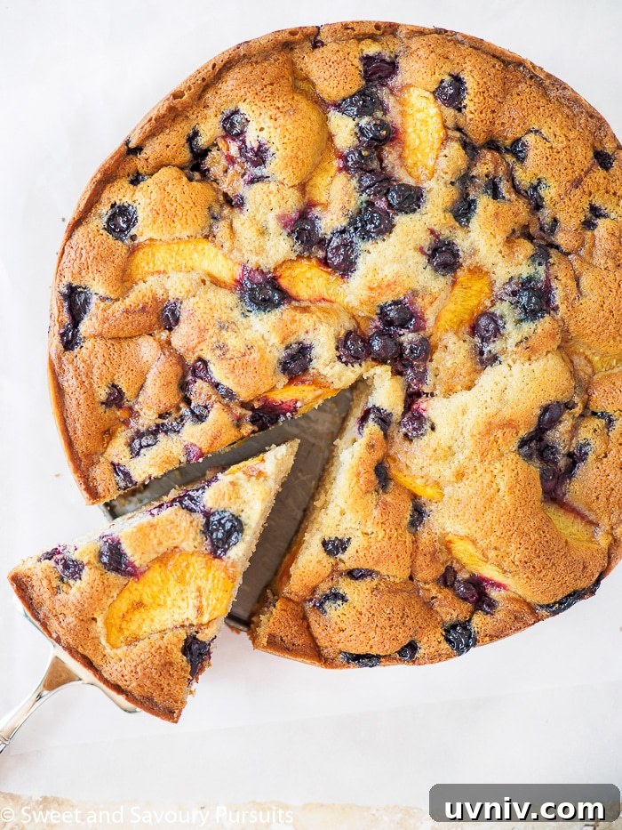 Top view of a Peach and Blueberry Cake.