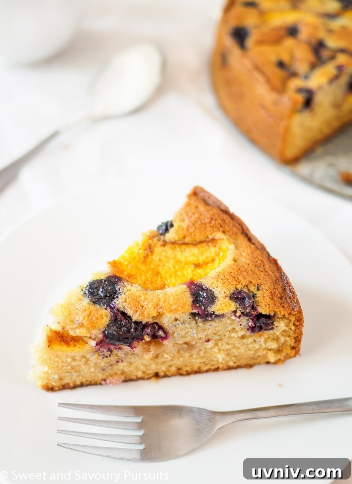 Slice of Peach and Blueberry Cake on plate.