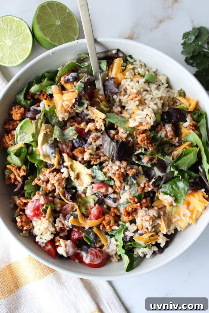 Taco Rice Bowl with Seasoned Beef, Salsa & Avocado 6 A taco rice bowl mixed up with creamy dressing.