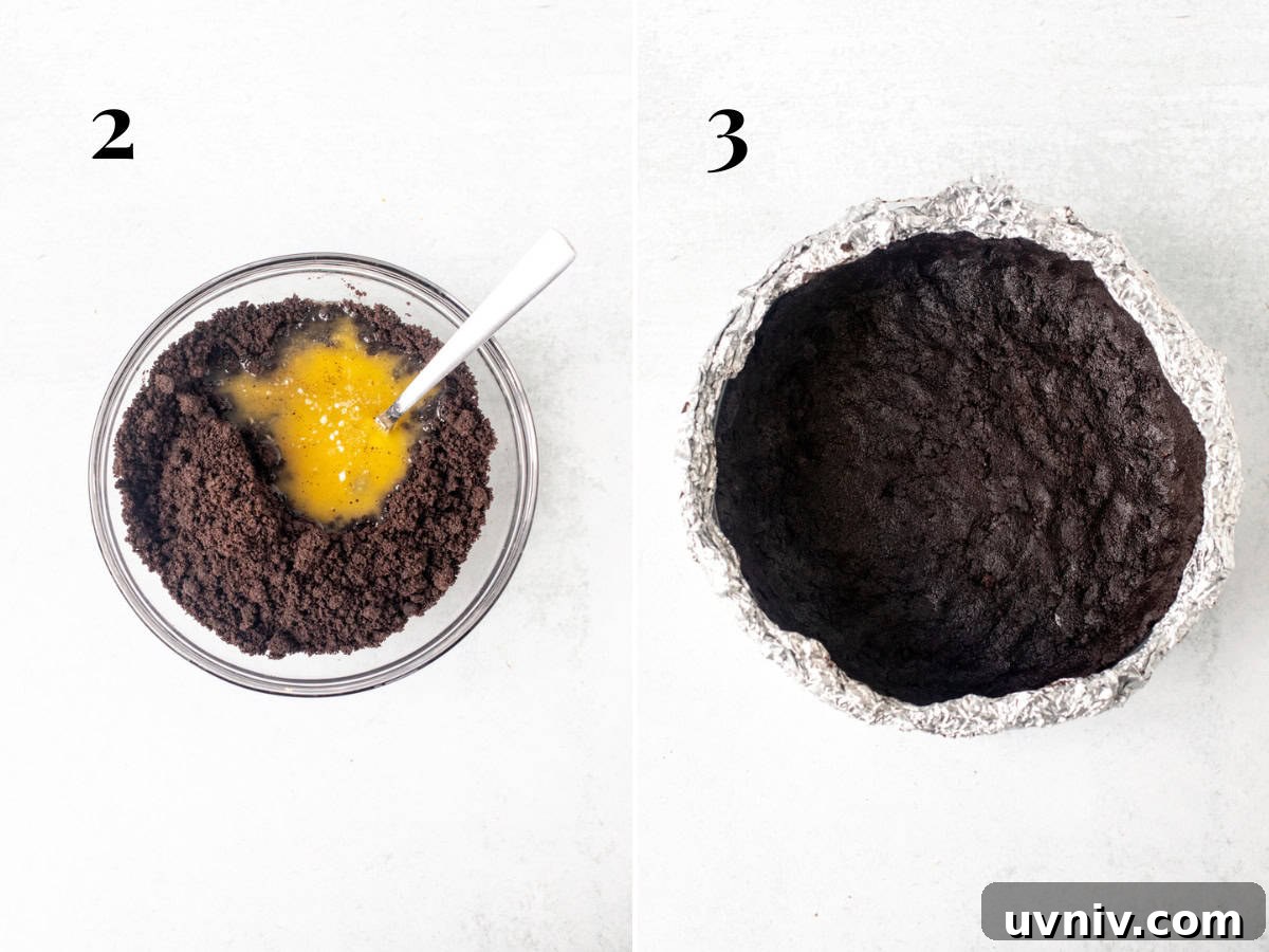 Decadent Oreo Cheesecake Recipe: Creamy Cookies & Cream Dessert 3 Bowl of crushed Oreo crumbs and melted butter, and Oreo crust in a springform pan wrapped with foil.