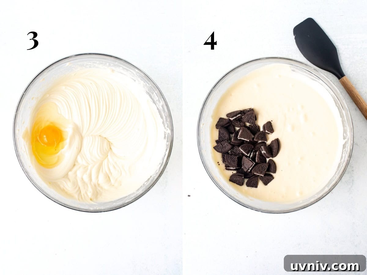 Decadent Oreo Cheesecake Recipe: Creamy Cookies & Cream Dessert 4 Bowl of cream cheese mixture with eggs added, and cream cheese batter with chopped Oreos.