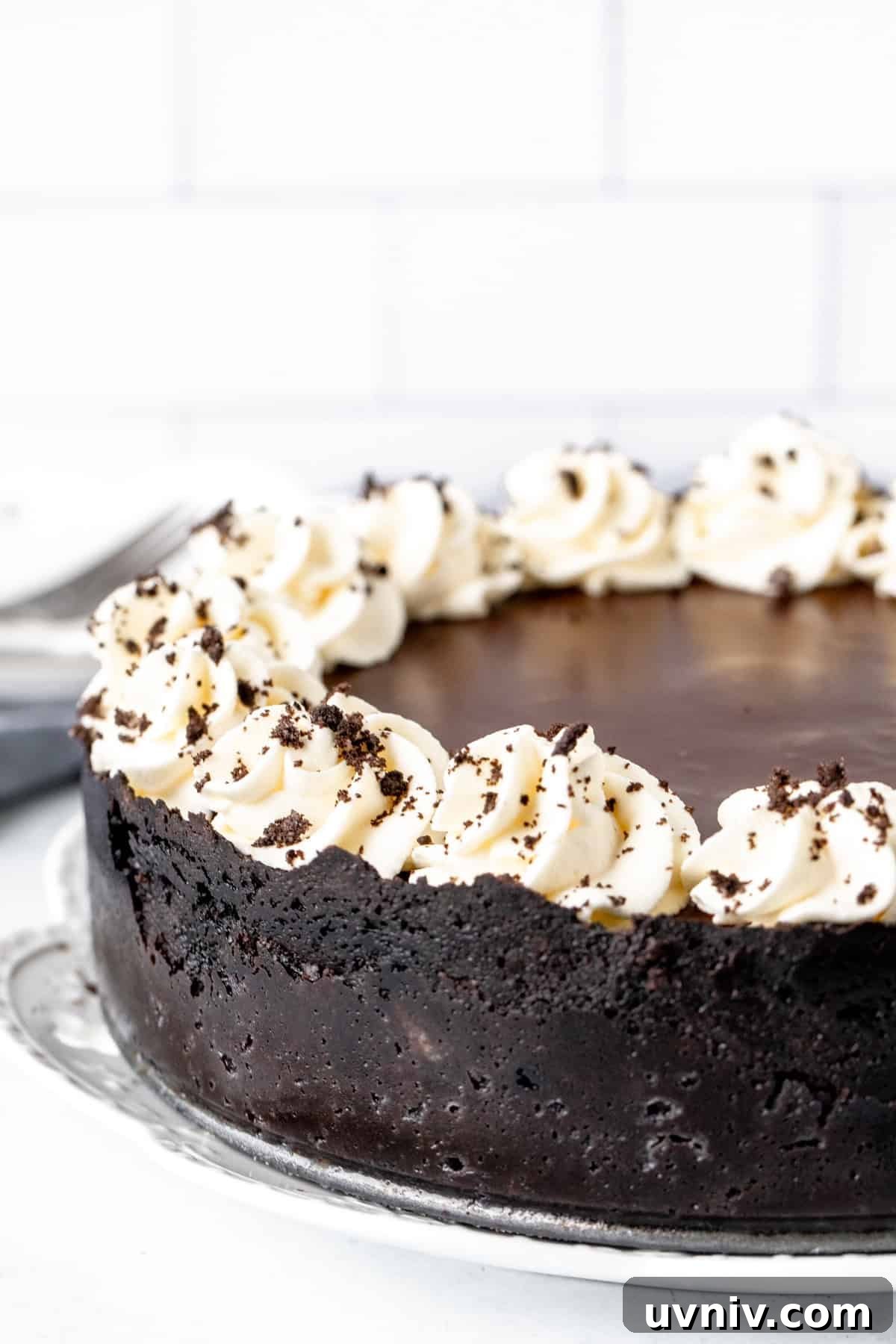 Decadent Oreo Cheesecake Recipe: Creamy Cookies & Cream Dessert 6 9-inch round Oreo cheesecake with chocolate topping and whipped cream around the edges.