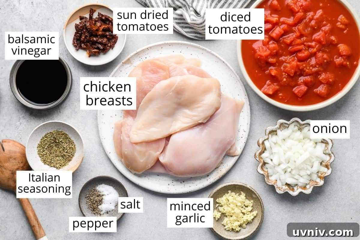 Slow Cooker Italian Chicken Recipe for Tender, Flavorful Meals 4 overhead photo of the labeled ingredients in this Slow Cooker Italian Chicken recipe