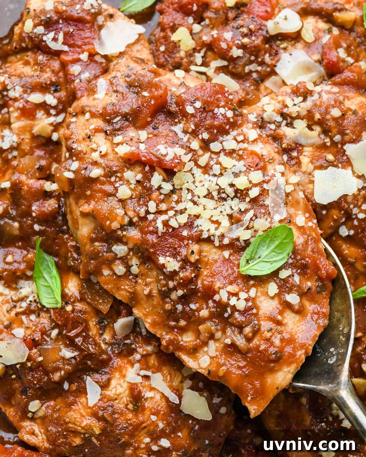 Slow Cooker Italian Chicken Recipe for Tender, Flavorful Meals 5 up close photo of Slow Cooker Italian Chicken garnished with parmesan cheese and basil