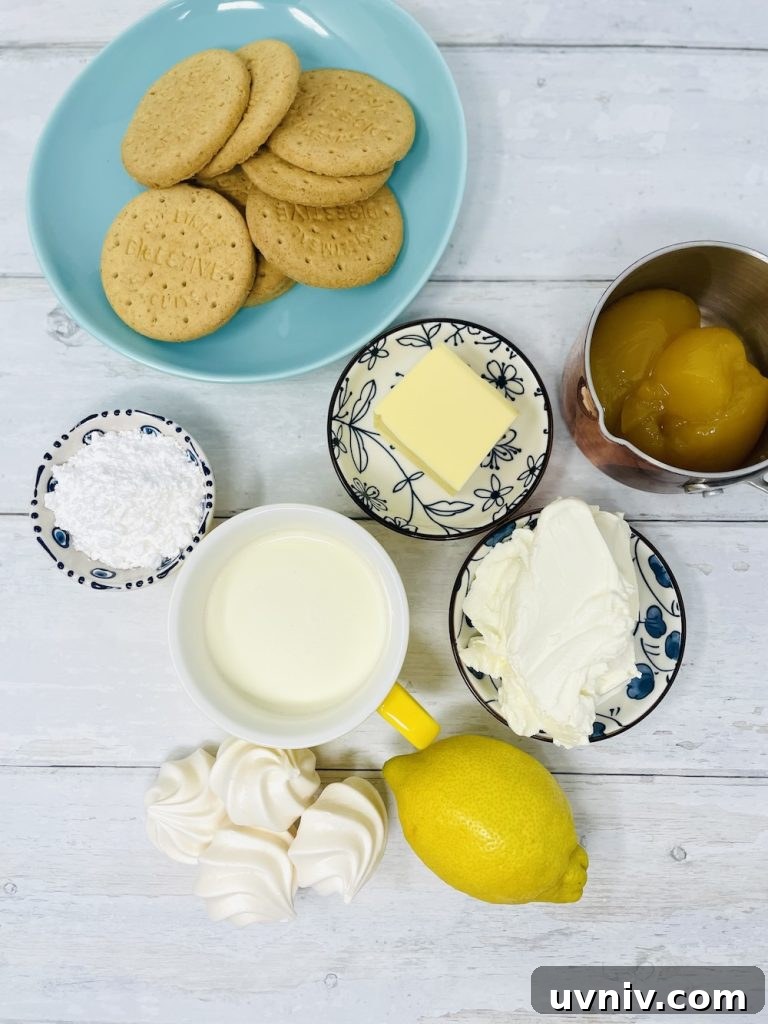 ingredients for no bake lemon cheesecake pots on a white table