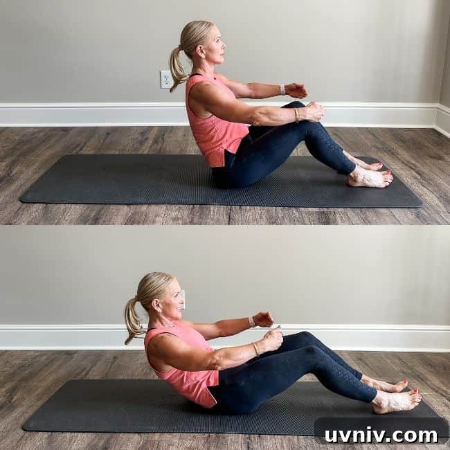 Woman demonstrating half roll back pilates exercise at home