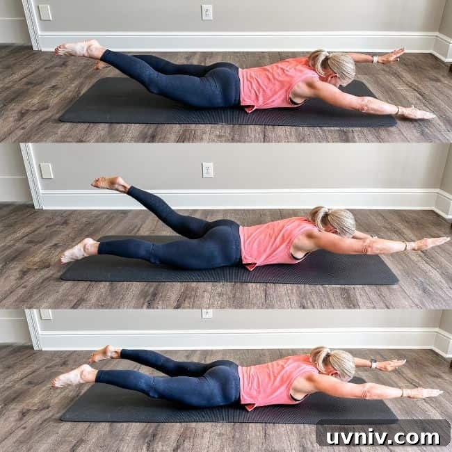 woman showing pilates swimming exercise on a mat at home
