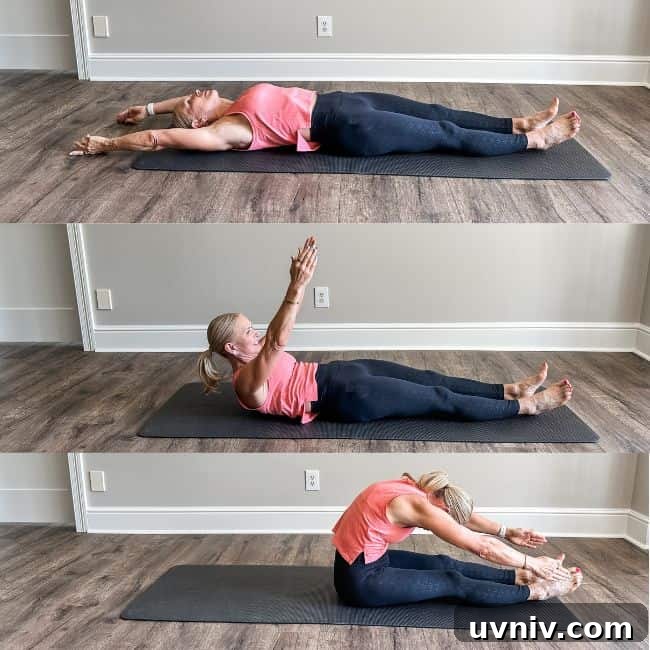 Woman demonstrating full body roll up pilates exercise