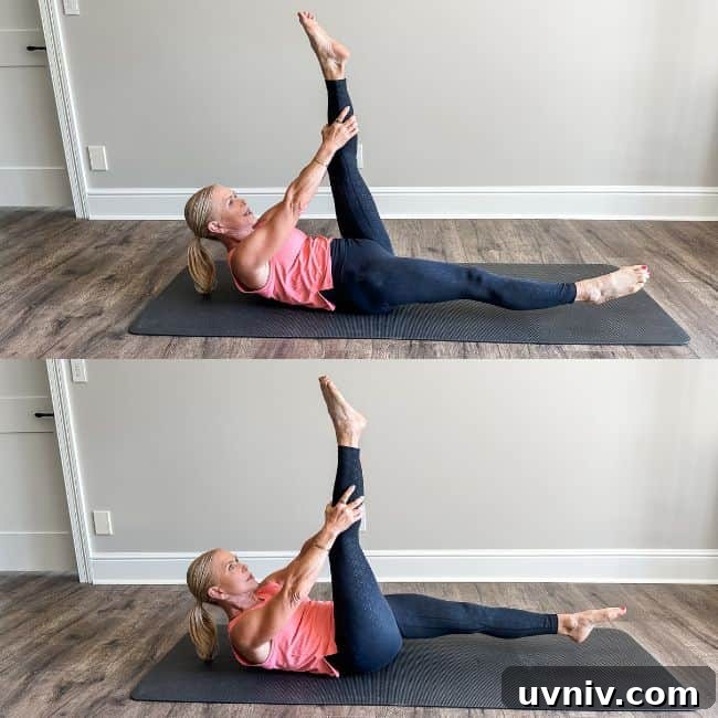 Person showing pilates scissors exercise at home