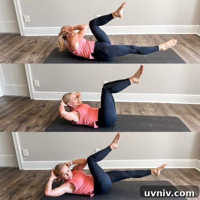 Woman demonstrating bicycle pilates exercise at home