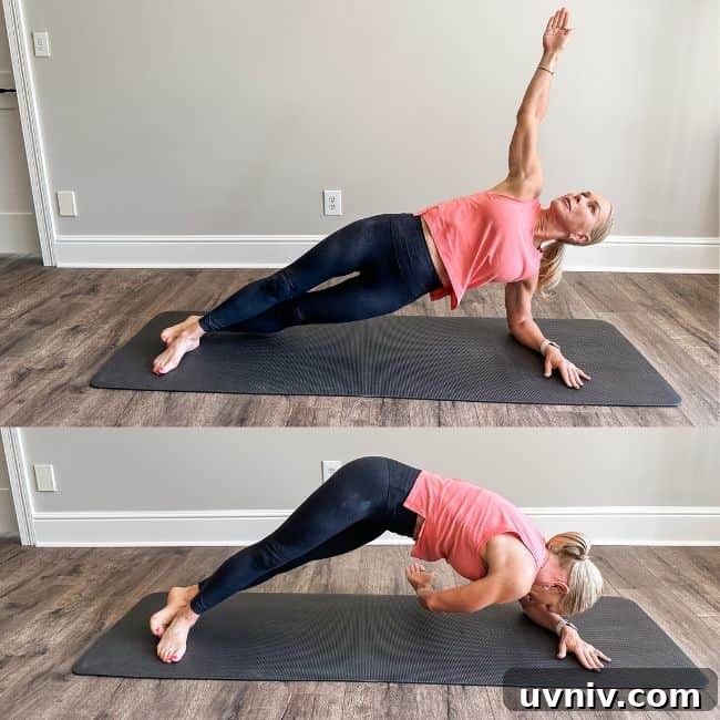 Woman demonstrating side plank scoop pilates exercise
