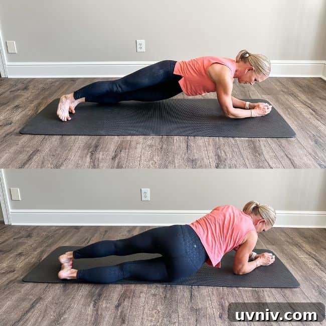 Woman performing plank plank dip exercise on mat at home