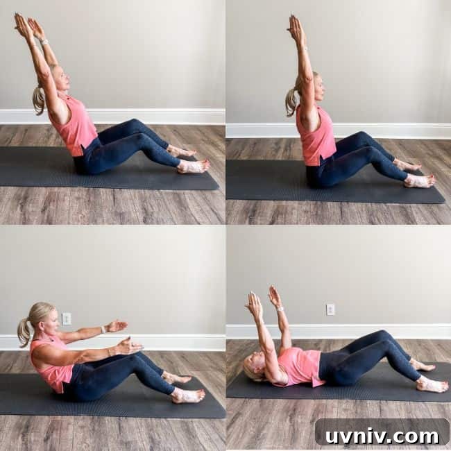 Woman demonstrating pilates teaser exercise on mat