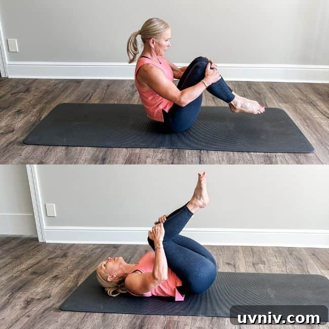 woman showing roll like a ball pilates exercise