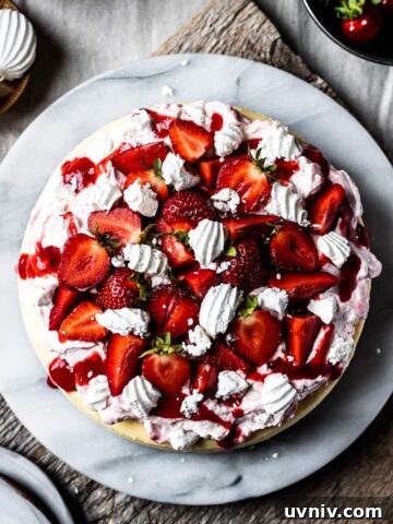 A top view of a vanilla cheesecake topped with whipped cream, strawberry coulis, fresh strawberries and rose water meringues.