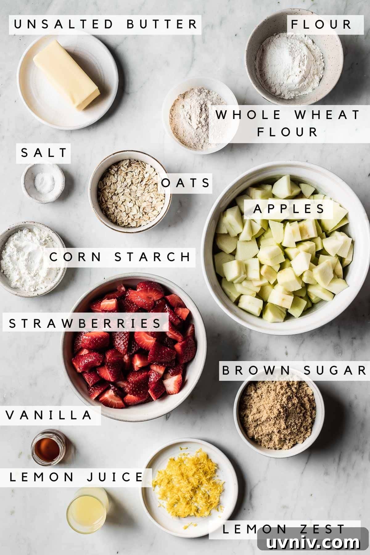 Ingredients in bowls for a fruit crisp.