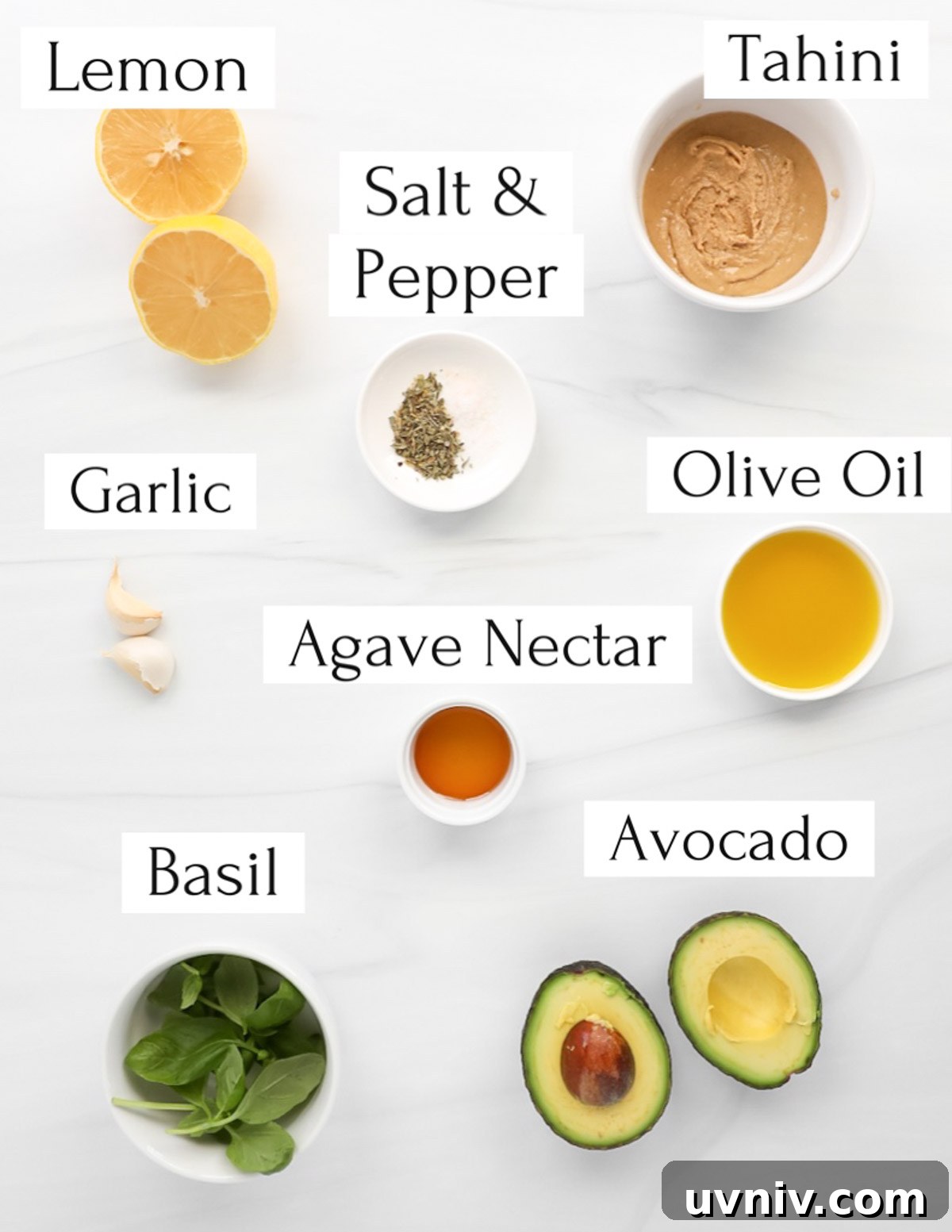 Creamy Lemon Herb Tahini Sauce Recipe for Salad & Dips 3 Labeled ingredients including: lemon, tahini, salt and pepper, garlic, olive oil, agave nectar, basil, avocado.