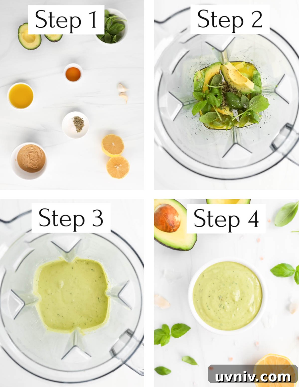 Creamy Lemon Herb Tahini Sauce Recipe for Salad & Dips 5 Four images labeled 1-4 showing the recipe steps.
