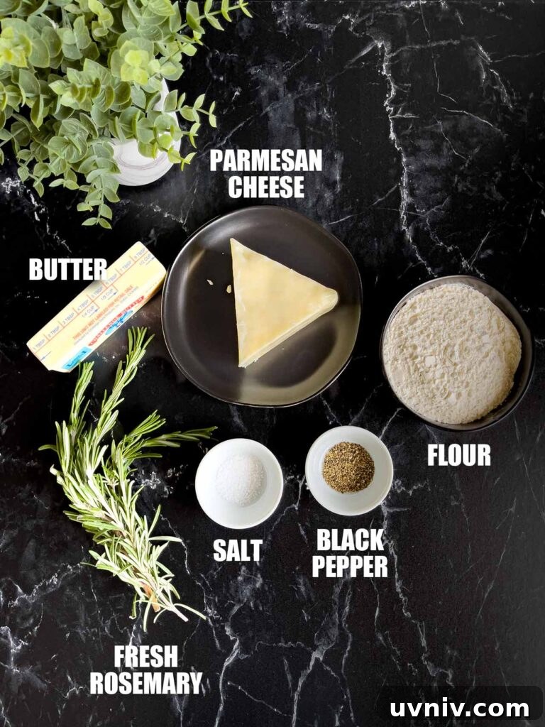 Ingredients for parmesan shortbread on a dark surface.