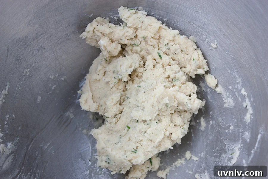 Parmesan rosemary shortbread dough mixed in a silver bowl.