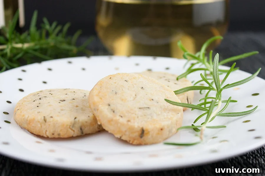 Savory Parmesan Rosemary Shortbread on a white plate garnished with fresh rosemary sprig.